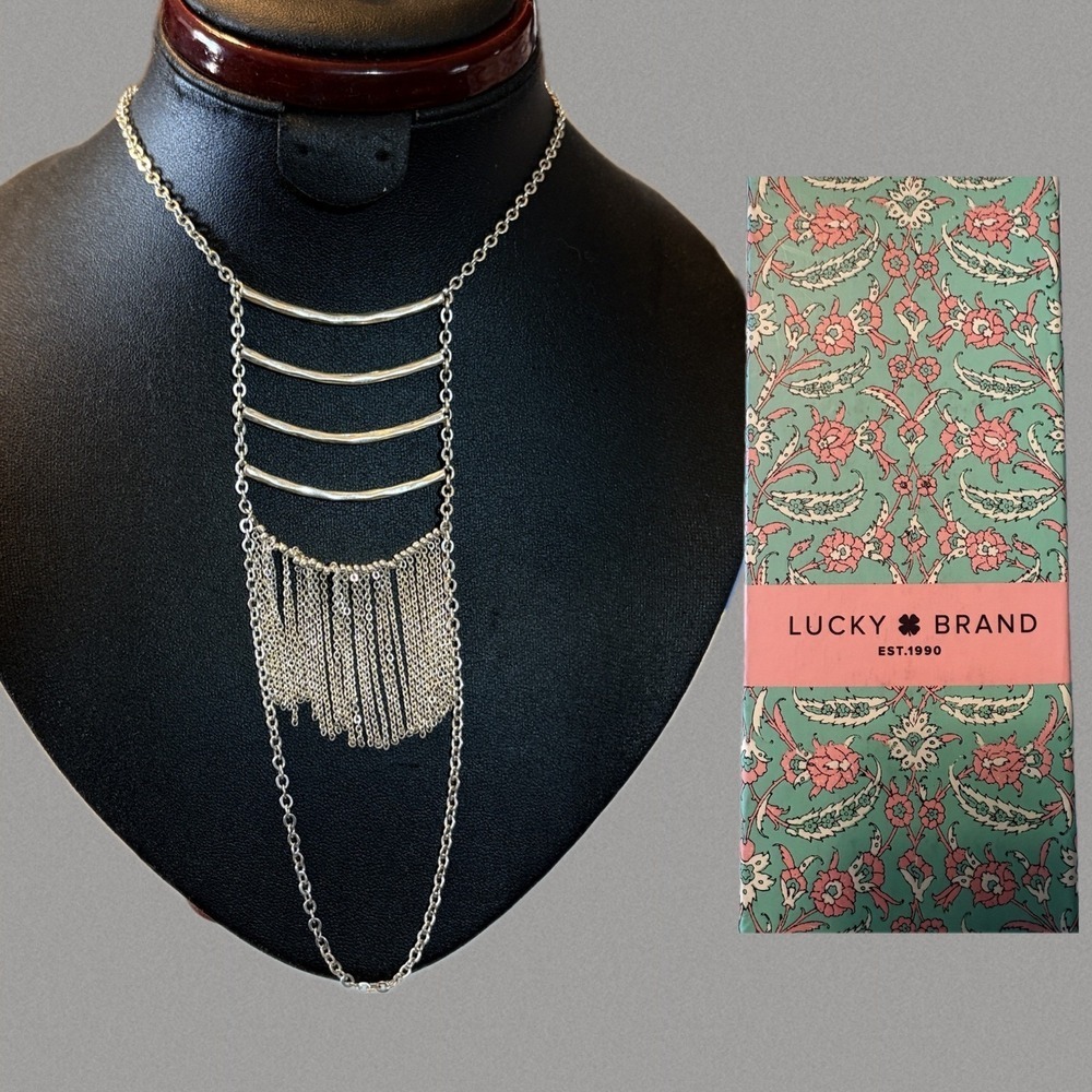 Lucky Brand Silver Tone Statement Multi-Tier Bib Necklace with Chain Fringe
